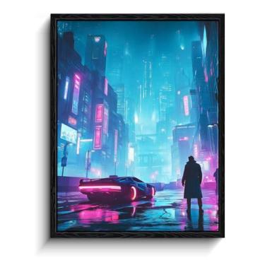 Imagem de Arte de parede da cidade Cyberpunk, rua chuvosa neon, decoração de parede futurista, impressão em tela emoldurada com acabamento fosco, arte de pôster de sala de jogos, para presente de gamer, 30 x 38
