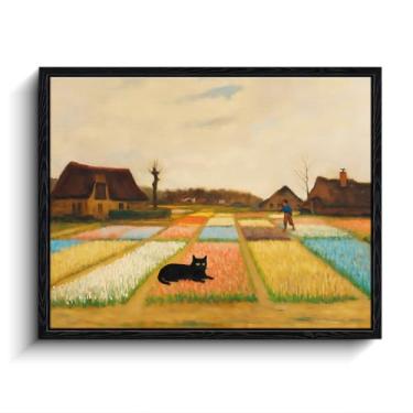 Imagem de Impressão artística emoldurada engraçada de gato preto, arte de parede estilo Van Gogh, gato preto em campos de tulipas, arte de parede eclética, pôsteres para quarto, sala de estar, banheiro
