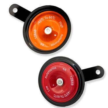 Imagem de AutoHornix 1 par de buzina de disco universal alta e baixa 128dB 12V 4A 90 mm compatível com motocicletas, carros off-road, caminhões, SUVs, bicicletas, barcos, quadriciclos laranja e vermelho