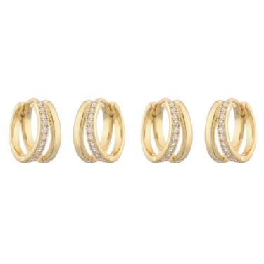 Imagem de 2 pares de brincos de argola de camada dupla, design de círculo oco de liga com detalhes de zircônia, Small, Metal, Zircônia
