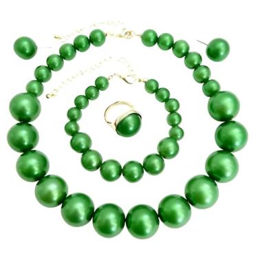 Imagem de HWJQ Conjunto de colar e brincos de pérolas falsas brancas grandes contas de pérola com contas colar gargantilha preto rosa pérola declaração anel para mulheres, Middle, Resina, Sem Pedra Preciosa