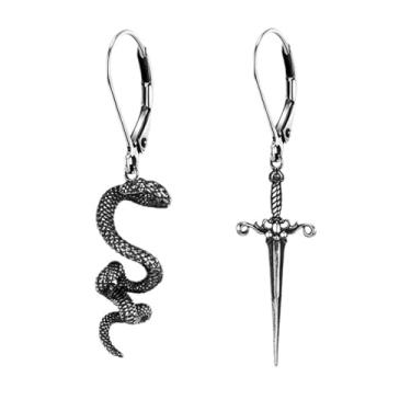 Imagem de Brincos femininos de cobra gótica, vintage, punk, espada, assimétrico, punhal, cobra, pingente, joias, presentes para mulheres, one size, Liga de aço, Sem pedra preciosa
