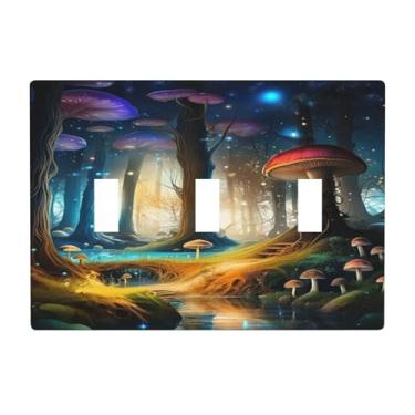 Imagem de HLCoChT Capa decorativa para interruptor de luz de cogumelo encantado, capa de placa de interruptor de floresta de cogumelo 3 gangues placa de parede com interruptor triplo placa decorativa placa