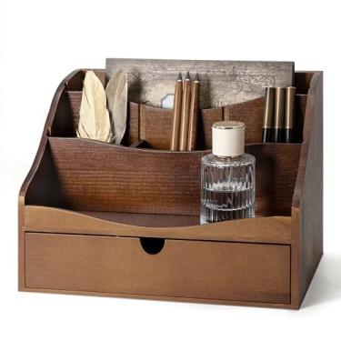 Imagem de Organizador de correio de madeira de pinho para mesa - porta-correio retrô de fazenda com gaveta e divisórias - classificador de papel e joias com 4 compartimentos, organizador de correio de bancada