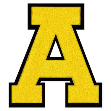 Imagem de 1 peça de patch de letras de chenille amarelo de 15 cm com borda preta grande para passar ou costurar em letras universitárias para jaquetas e mães de boas-vindas, adesivos de alfabeto de alta