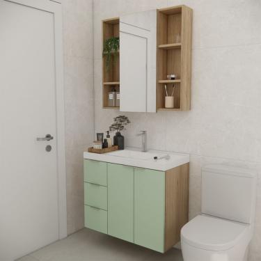 Imagem de Conjunto de Gabinete e Armário de Banheiro com Espelho Vittare I 3 Portas 3 Gavetas Carvalho e Verde