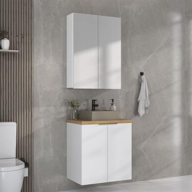 Imagem de Conjunto de Gabinete e Armário de Banheiro com Espelho Nature 4 Portas Branco 60 cm