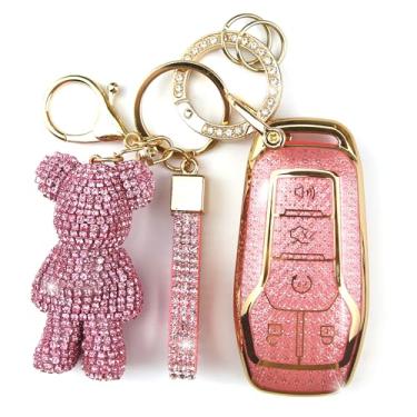 Imagem de Rayslesan Linda capa de chaveiro com pingente de urso de strass, capa inteligente de TPU para mulheres, compatível com Ford Fusion (Mondeo) Mustang F150 Edge Explorer, Lincoln MKZ MKC MKX (5 botões