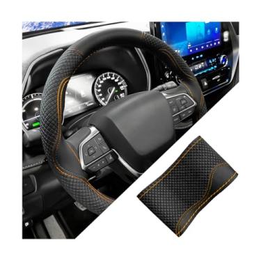 Imagem de FALVFUN Capa de volante de carro, 37-38 cm costurado no envoltório protetor de volante de veículo de couro antiderrapante, acessórios de proteção automotiva respirável, universal para a maioria dos