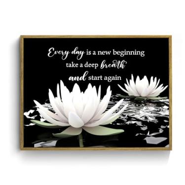 Imagem de SCECALA Arte de parede emoldurada floral preto e branco citações inspiradoras e arte de parede de lírio de água para sala de estar zen spa tela decoração de parede para quarto, banheiro, escritório em