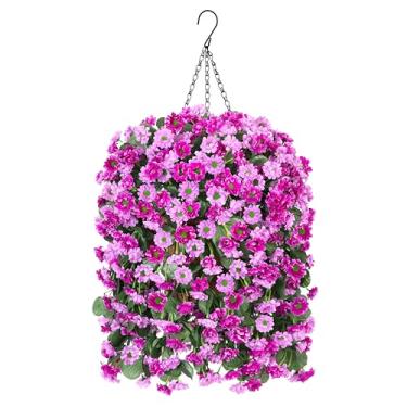 Imagem de INXUGAO Cestas de pendurar flores artificiais para decoração de interiores ao ar livre, margaridas artificiais, flores, arbustos, plantas com cestas para casa, varanda, jardim, pátio, primavera,