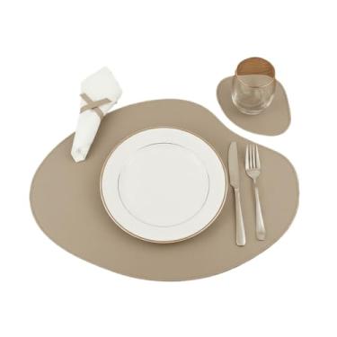 Imagem de Kit Jogo Americano Redondo Sousplat de Couro com Porta Copos - Suplat de Mesa para Jantar ，Conjunto Premium 2,4,6,8 Peças(Bege,1)