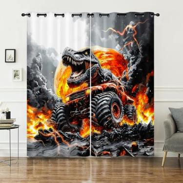 Imagem de AILONEN Cortina de janela de caminhão monstro infantil para quarto de meninos, painel de cortina de esportes radicais, cortinas de tratamento de janela com tema de dinossauros vulcânicos para sala de