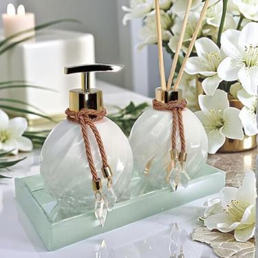 Imagem de Kit Lavabo Decorativo Vidro 300ml Completo com Saboneteira Difusor e Bandeja Luxo Para Banheiro(Branco C/Dourado,Com Bandeja)