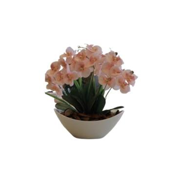 Imagem de Arranjo de Orquídea Artificial Phalaenopsis com Vaso Côncavo Branco e Casca Polida - Decoração Sofisticada para Ambientes Internos(Rosa Claro)