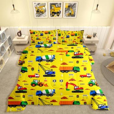 Imagem de jejeloiu Conjunto de cama de escavadeira, macio, para meninos e meninas, veículos de construção, equipamentos, caminhões, edredom de microfibra, desenho animado, para decoração de quarto, 2 peças com