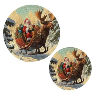 Imagem de Blueangle 2 peças de suporte de panela de trivet de rena de Papai Noel - conjunto de pegadores de panela de tecido redondo - almofadas quentes trançadas de algodão - porta-copos - tapetes de mesa para