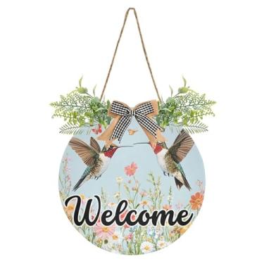 Imagem de SEHANY Placa de boas-vindas colorida, beija-flor, decoração de porta da frente, guirlanda de boas-vindas redonda para decoração de casa de fazenda, varanda, pátio, 30 x 30 cm