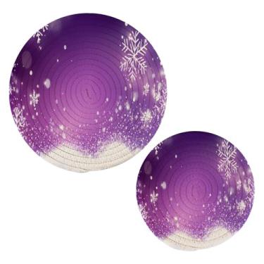 Imagem de Blueangle 2 peças de suporte de panela trivet de floco de neve de inverno - conjunto de pegadores de panela de tecido redondo - almofadas quentes trançadas de algodão - porta-copos - tapetes de mesa