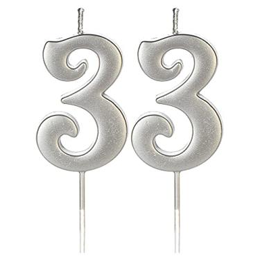 Imagem de Velas de aniversário de 33 números prateadas para topo de bolo, número 33 com glitter, vela premium, decoração de festa de aniversário para crianças, mulheres ou homens
