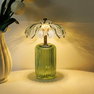 Imagem de MJ PREMIER Lâmpada sem fio, lâmpada operada por bateria com temporizador, abajur de flor de vidro cristal, abajur de mesa de cabeceira, luz quente de LED decorativa para prateleira de quarto e sala de