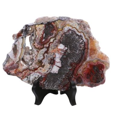 Imagem de Rockcloud Laje de ágata mexicana natural com suporte de madeira, amostra de fatia de ágata irregular para exibição de mesa de escritório em casa, 3 a 400 g