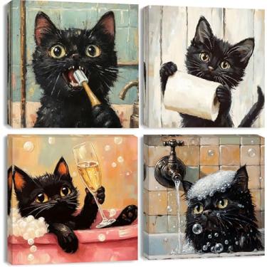 Imagem de Clendo Kit de pintura de gato preto por números para adultos com moldura – Animais na banheira, kit de pintura a óleo DIY para decoração de parede de casa 20 x 20 cm