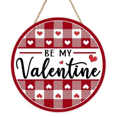 Imagem de Bolisom Placa para porta da frente do Dia dos Namorados, Be My Valentine, xadrez, búfalo, corações vermelhos, cabide de madeira, decoração de casa, decoração de casa, guirlanda de madeira para