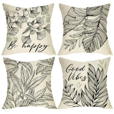 Imagem de Fjfz Sketch Plant Folhas Pretas Capas de Almofada Decorativas 45 x 45 Conjunto de 4, Palmeira Botânica Folha de Ginkgo Varanda Decoração de Casa Externa, Inspiradora Be Happy Good Vibes Sofá Capa de