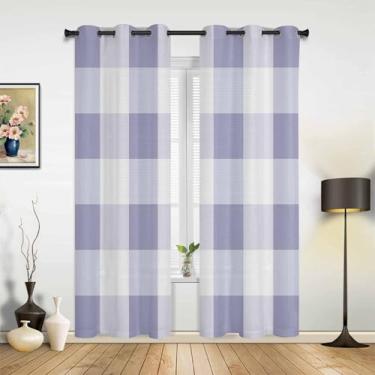 Imagem de Cortinas blecaute xadrez roxo branco búfalo 203 cm comprimento 2 painéis, cortina de janela superior xadrez rústica para sala de estar/quarto, cortinas geométricas modernas com isolamento térmico, 106