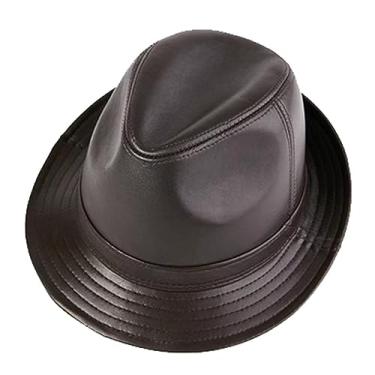 Imagem de Chapéus para mulheres e homens, chapéu trilby de couro vintage chapéu jazz boné de aba curta (marrom escuro-GG