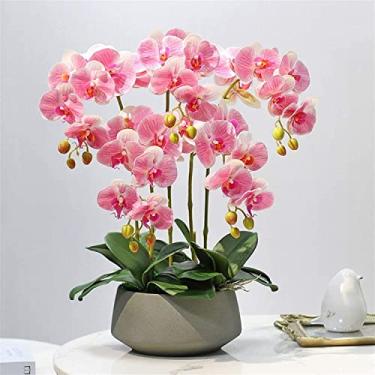 Imagem de LMJYU Orquídeas artificiais de flores clássicas, orquídeas artificiais em vasos artificiais com vaso Phalaenopsis artificiais, arranjos de plantas, flores artificiais