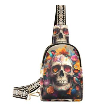 Imagem de CEBUGI Bolsa tiracolo feminina com estampa de flor de crânio pequena, bolsa de peito para caminhadas, viagens ao ar livre