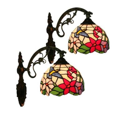 Imagem de Conjunto de 2 arandelas de parede florais estilo Tiffany, 20 cm de largura, em vitral, luminária de parede campestre para corredor, ideal para sala de estar, quarto e hall de entrada.