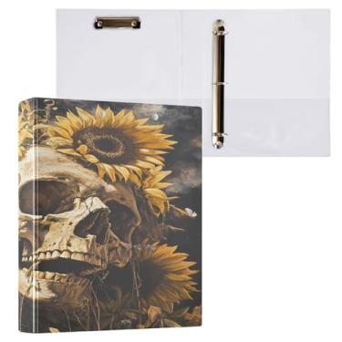 Imagem de CEBUGI Fichário redondo com 3 anéis de girassóis caveira de 3 cm comporta 200 folhas, pastas com 3 bolsos de PVC transparente para escritório, 31,5 x 27 x 6 cm, pacote com 2