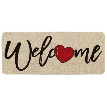 Imagem de Artoid Mode Tapete de porta Welcome Love Heart Dia dos Namorados, tapete de corredor discreto para decoração de casa para ambientes internos e externos 61 x 159 cm