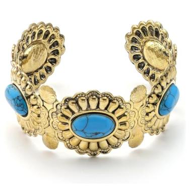 Imagem de RechicGu Pulseira feminina de cor turquesa ocidental ajustável, boho, vaqueira, chique, vintage, concho, bracelete, azul grosso, turquesa, howlita, algemas de concerto, roupa de concerto, presente