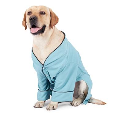 Imagem de Roupa de Banho para Cachorro Pijama Roupões Secagem Pet Spa Dormir Cães Pequenos Médios Grandes com Gola V Larga Mangas Frontais Largas Botões Pressão Cinto Peito Ajustável Fácil Colocar e Tirar
