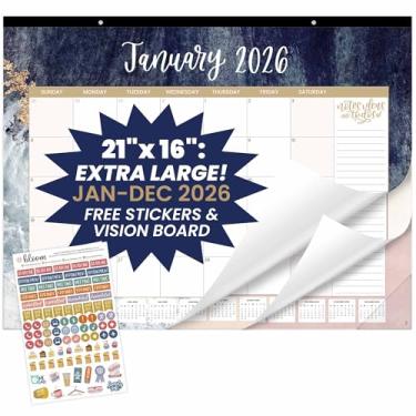 Imagem de bloom daily planners Calendário de mesa 2026 – Calendário de parede grande de janeiro a dezembro – 53 cm x 40 cm para mesa e agenda mensal suspensa com adesivos para casa ou escritório – Aquarela
