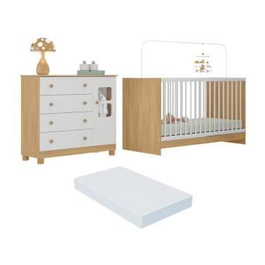 Imagem de Berço 3 Em 1 Com Colchão Incluso E Cômoda 1 Porta 4 Gavetas Sol Multimóveis MP4752 Madeirado-branco