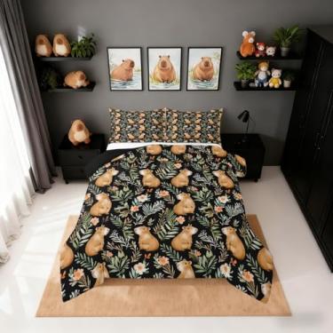Imagem de Erosebridal Lindo jogo de cama de capivara, solteiro, para meninos, animais adoráveis, para crianças, adolescentes, adultos, quarto, floral, ramos verdes, edredom para todas as estações, preto e