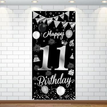 Imagem de Decoração de aniversário de 11 anos, faixa de fundo de feliz aniversário de 11 anos, preto, prata, triângulo, bandeira, balões, decoração de fundo para meninas, meninos, 11 anos de idade, artigos de