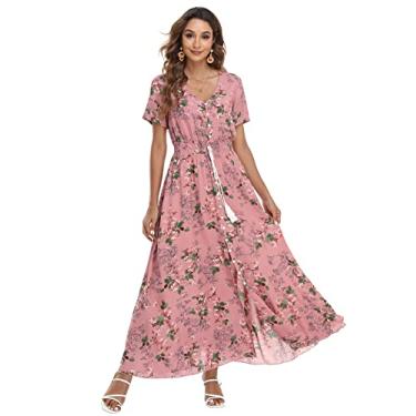 Imagem de VintageClothing Vestido maxi floral feminino boho com botões divididos verão casual vestido longo vestido de festa na praia, Rosa malva, GG