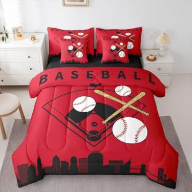 Imagem de Erosebridal Jogo de cama solteiro com estampa de taco de beisebol, 7 peças, para crianças, adolescentes e adultos, jogos esportivos, silhueta de construção urbana, vermelho, Cincinnati