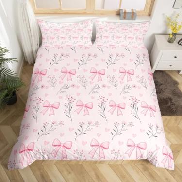 Imagem de Erosebridal Jogo de cama king size com estampa de laço, para crianças, meninas, mulheres, rosa, coração, coração, floral, feminino, roupa de cama com laço