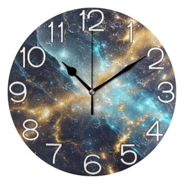 Imagem de Relógio de parede analógico decorativo operado por bateria relógio de cozinha rústico, decoração de parede de sala de estar moderna, estampa azul dourado preto, 25 cm, ponteiros pretos