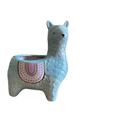 Imagem de SJBAG Vaso de suculentas de cerâmica em forma de lhama com orifícios de drenagem, vaso de animais pintado à mão para cactos e suculentas internos, decoração de casa exclusiva e presente (azul, 15 cm