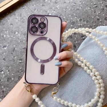 Imagem de Capa de carregamento sem fio magnética Pearl Crossbody com cordão para iPhone 15, 16, 16E, 14, 13, 12, 11 Pro Max Plus, roxa, para iPhone 11