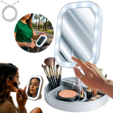 Imagem de Espelho de Maquiagem com LED Sensor Touch Luz Ajustável Fria Natural e Quente Portátil Bateria Recarregável Base Organizadora Cores Rosa e Branco Tipo C (BRANCO)