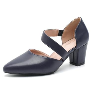 Imagem de Enelauge Sapatos femininos de bico fechado com tiras salto grosso bico fino salto baixo confortável vestido casamento noiva sapatos de formatura, Azul-marinho fosco, 40